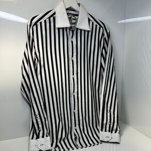 Bugatchi Black and White Striped Dress Shirt